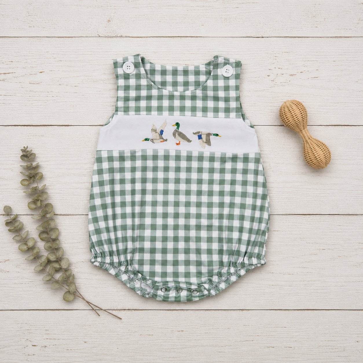 🦆 Boys Mallard Duck Embroidered Gingham Romper