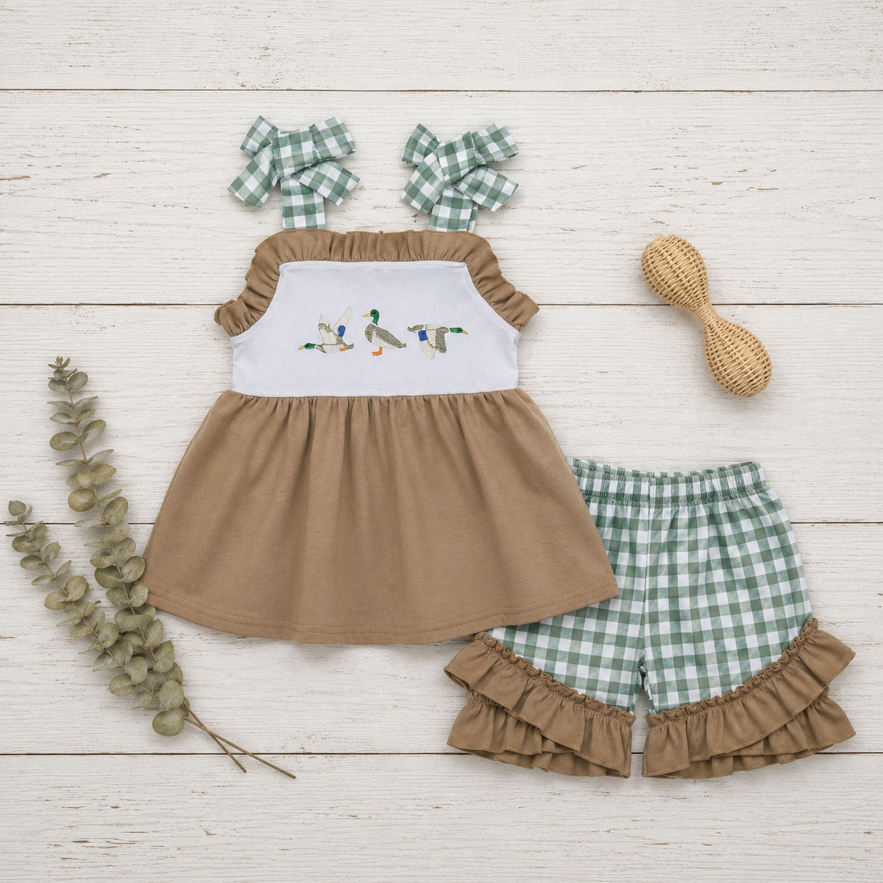 🦆 Little Girl's Embroidered Mallard Duck Gingham Short Set (Pre-Order)