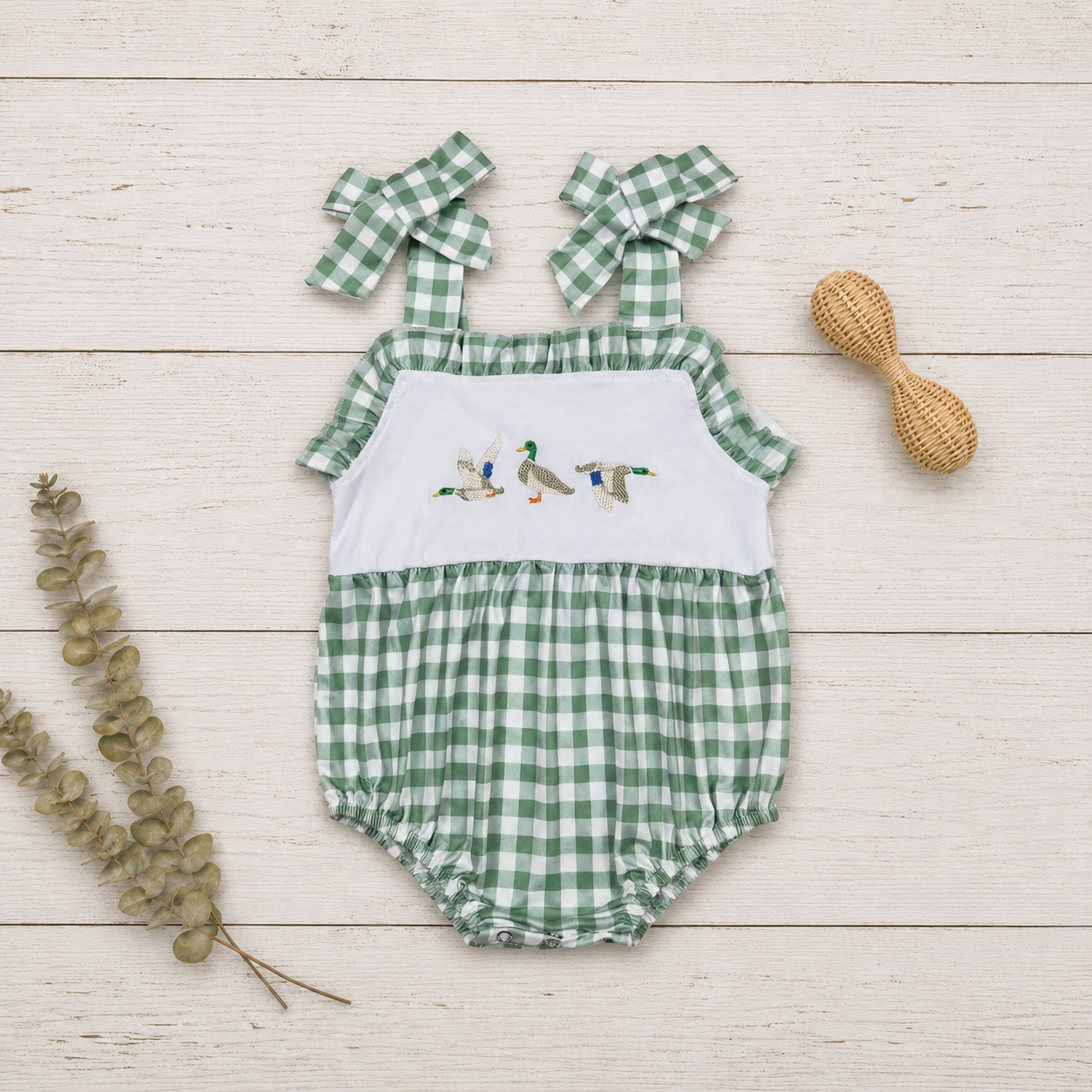 🦆 Girls Mallard Duck Embroidered Gingham Romper